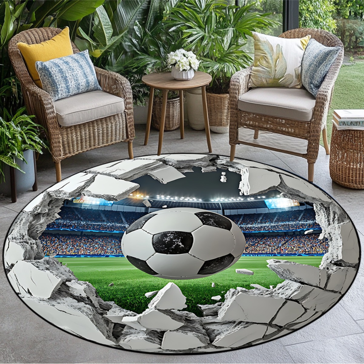 Kids Outdoor Mat Waterproof - 3Dサッカー場ラウンドエリアラグ、リアルなサッカーグリーンターフ柄円形フロアマット、子供部屋、ゲームルーム、家の装飾に