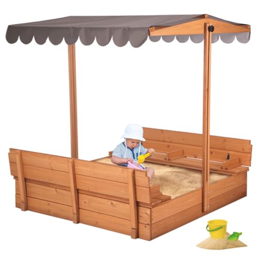 Kids Outdoor Bench Table - 4歳から8歳向けの屋外砂場テーブル：蓋付き、格納式キャノピー、内蔵ベンチシート付きの茶色の折りたたみ式砂場テーブル