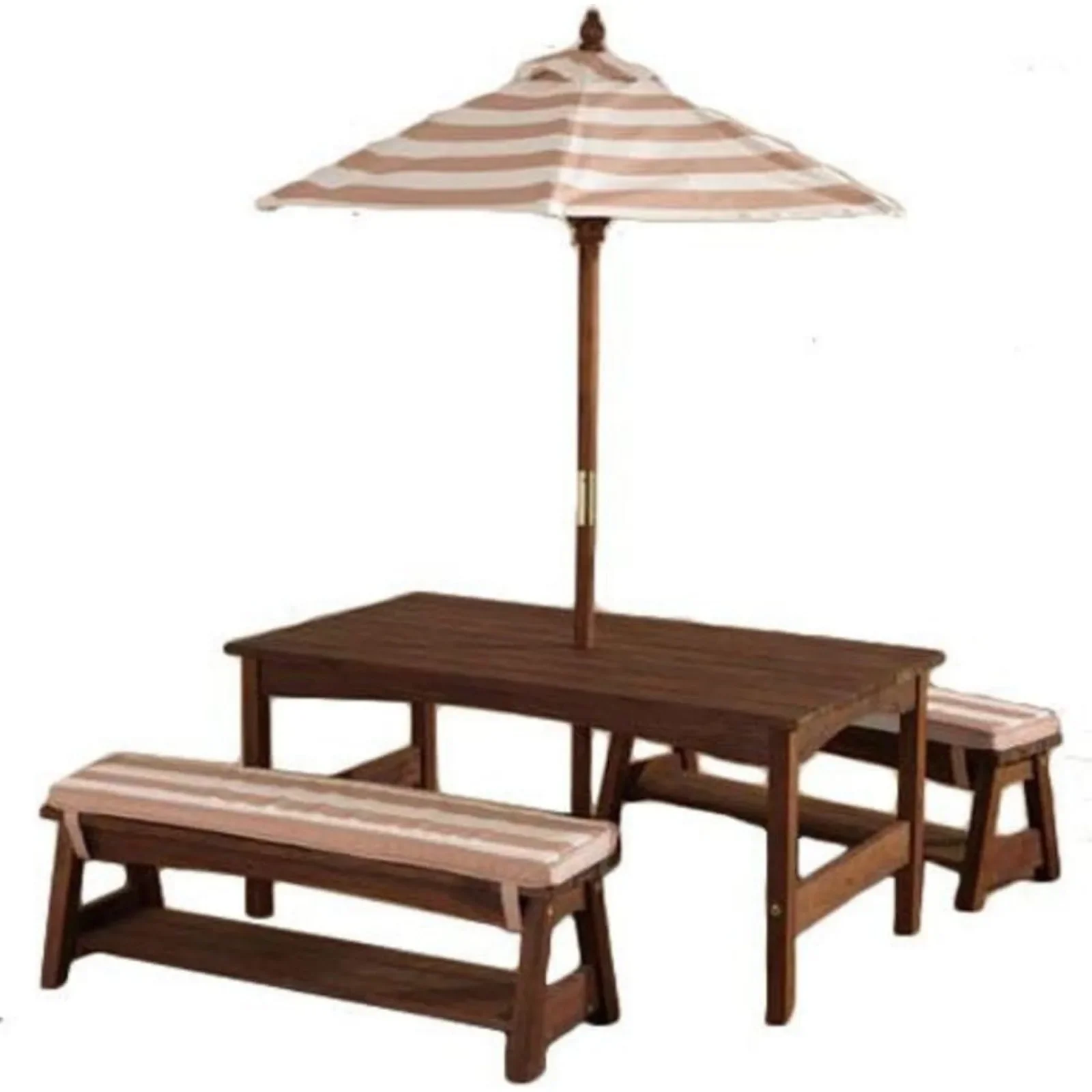 Kids Outdoor Bench Table - 屋外用木製テーブル&ベンチセット、クッションと傘付き、子供用裏庭家具、ネイビーとホワイトのストライプ生地