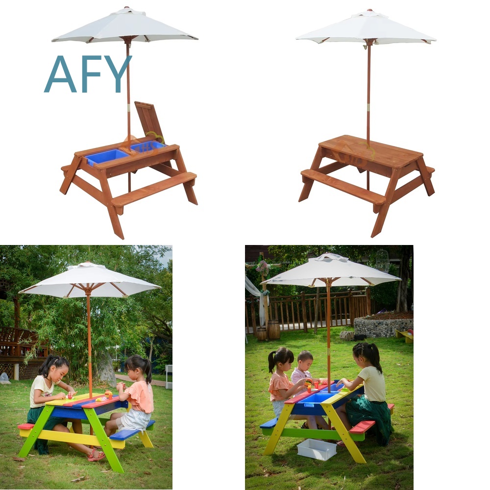 Kids Outdoor Bench Table - 木製屋外ピクニックテーブル、砂場用ベンチ付き、子供用遊び場、裏庭パティオガーデン、大人用、家族の集まりに最適