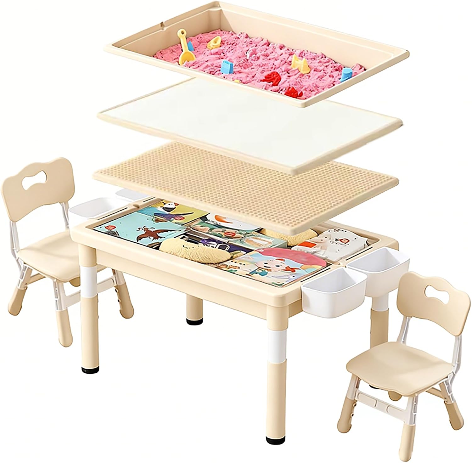 Kids Outdoor Sensory Table - 子供用砂場と水遊びテーブル、収納ボックス付き幼児用アクティビティテーブル、多機能プレイテーブル（お絵かき、積み木、感覚遊び用）、男の子と女の子向け屋内外玩具（ホワイト＆ナチュラル）