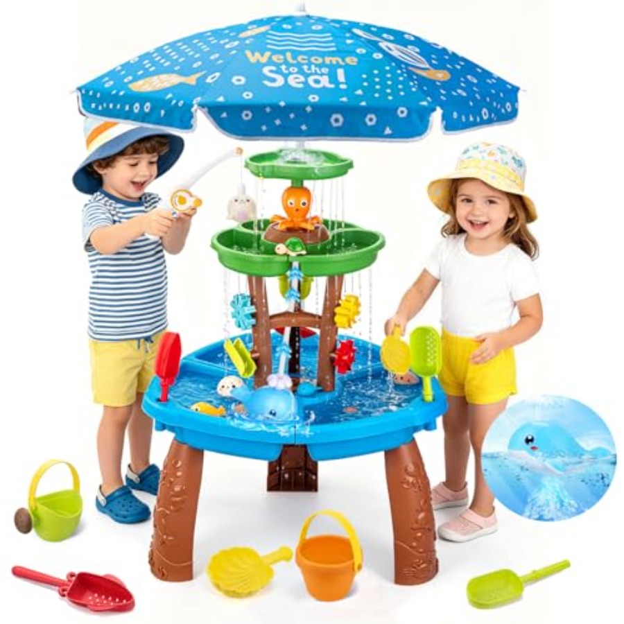 Kids Outdoor Sensory Table - 3歳から8歳向けの屋外ウォーターテーブル：プラスチック製感覚遊び用テーブル、青色の自動吸水ポンプ、白い傘、ビーチ付き