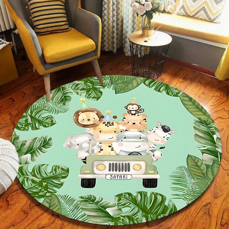 Kids Outdoor Zoo - かわいいサファリジャングルアニマルトラック柄ラウンドラグ滑り止めキッズフロアマットライオンタイガー動物園アニマルプリントラグプレイルーム寝室用