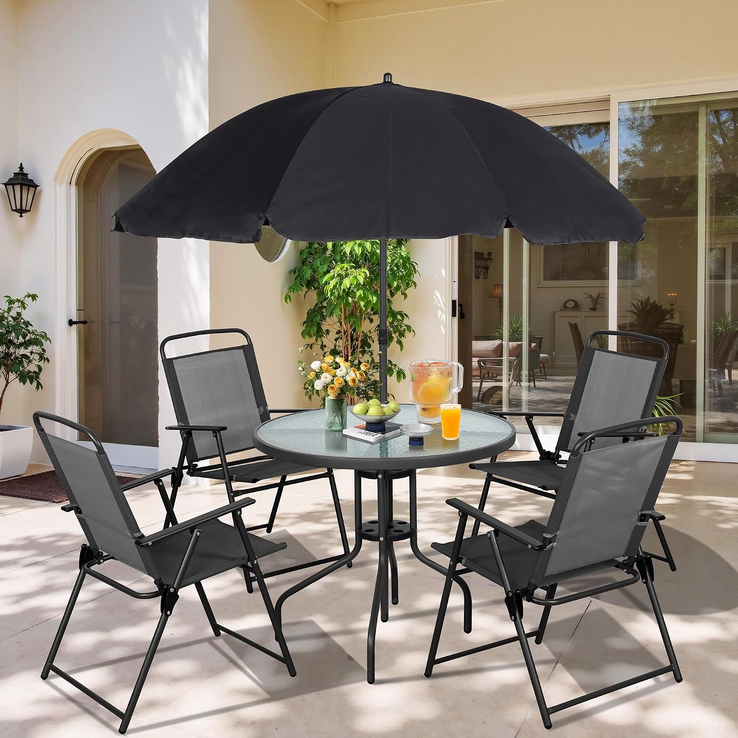 Kids Outdoor Dining Table - メタルパティオダイニングセット、屋外折りたたみ椅子と強化ガラス製テーブル、傘付き、頑丈な屋外ビストロ家具セット、裏庭、庭、デッキ、芝生用、黒、6点セット