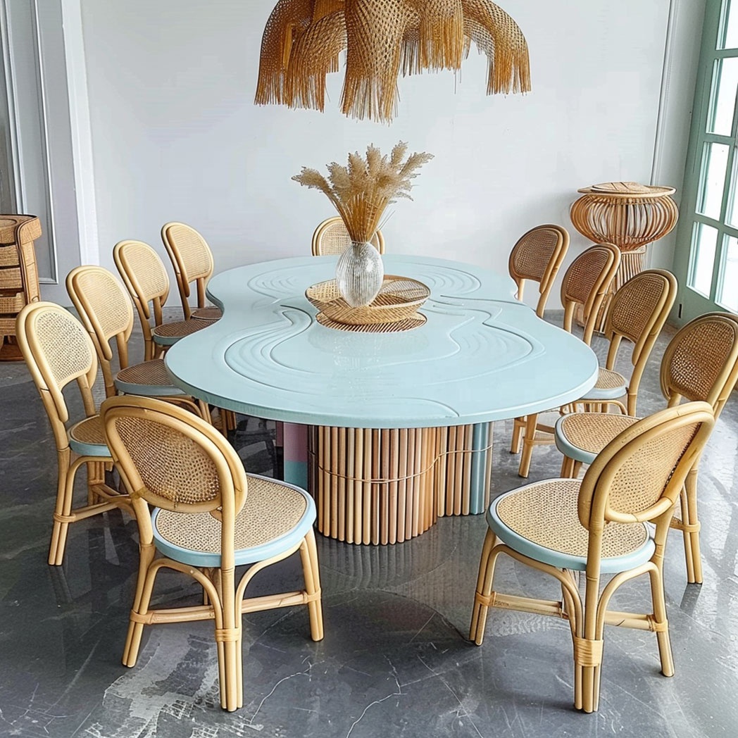 Kids Outdoor Dining Table - io-パステルブルーの波状ラタン製ダイニングテーブル、子供向けイベントや誕生日のお祝いに最適な長尺屋外パーティーテーブル