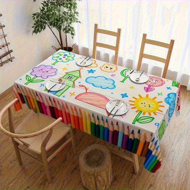 Kids Outdoor Dining Table - 1pc 漫画鉛筆パターンテーブルクロス多色子供描画プリントテーブルカバー子供部屋ダイニング装飾 Rectan