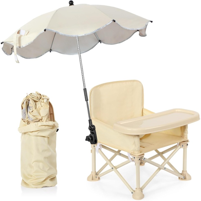 Kids Outdoor Dining Table - ベビー用屋外ビーチチェア、傘付き背もたれポケット、シートベルト、折りたたみ式幼児用食事椅子、ダイニングテーブル、キャンプ、食事用