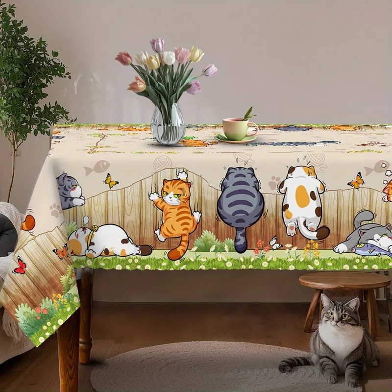 Kids Outdoor Dining Table - VIKAMA ベージュ漫画猫テーブルクロス遊び心のある子猫花柄防水長方形子供用ダイニング装飾テーブルカバー