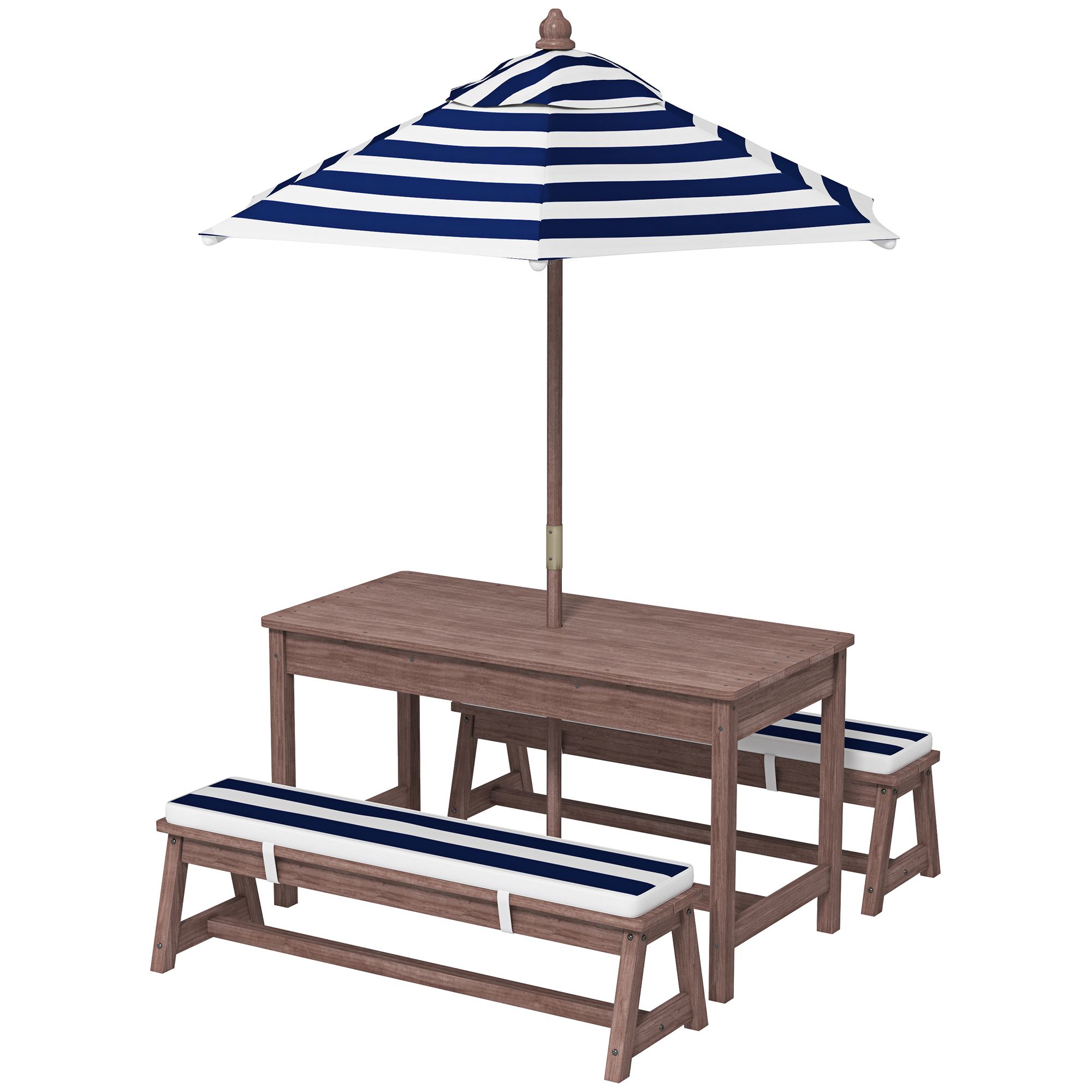 Kids Outdoor Bench Table - 屋外用木製子供用ピクニックテーブル＆ベンチセット（クッションと傘付き）、パティオ、庭用、ネイビーブルー