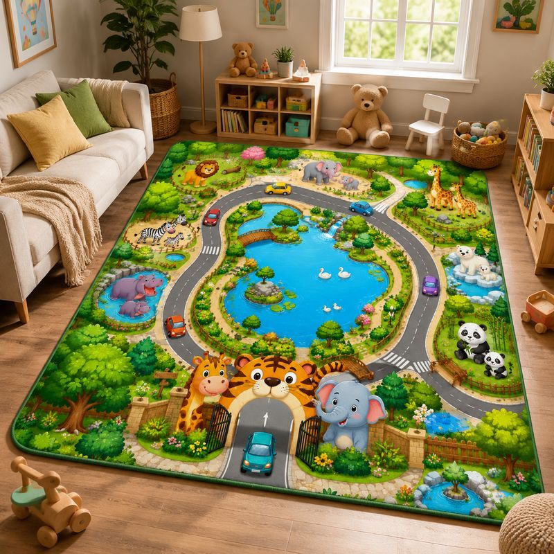 Kids Outdoor Zoo - VIKAMA キッズファーム動物園プレイラグ寝室リビングルームカーペット、アニマルタウンキュートコアルーム装飾子供用マットホームデコレーションホームガーデン