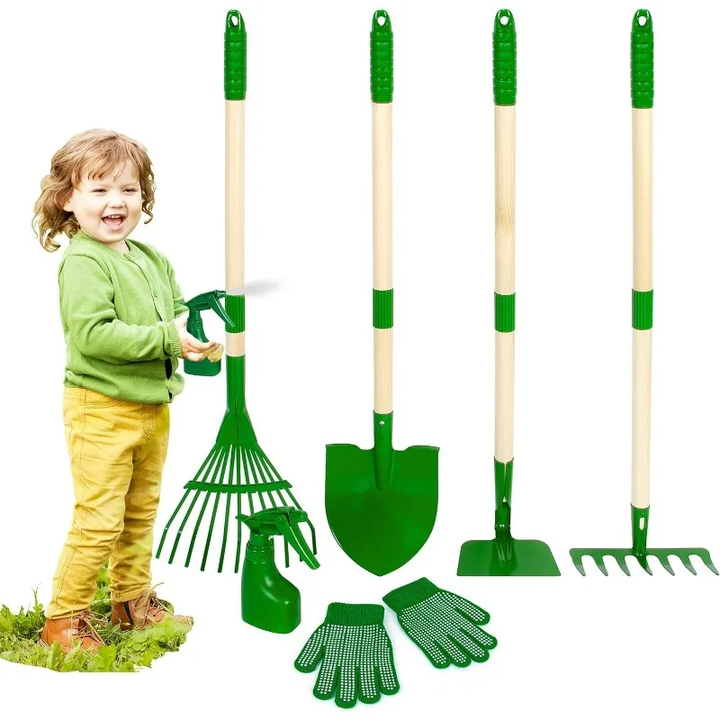 Kids Outdoor Yard Tools - 7点セット 子供用ガーデニングツールセット 手押し車付き ショベル、熊手、葉かき、夏の屋外庭仕事、草取りおもちゃ