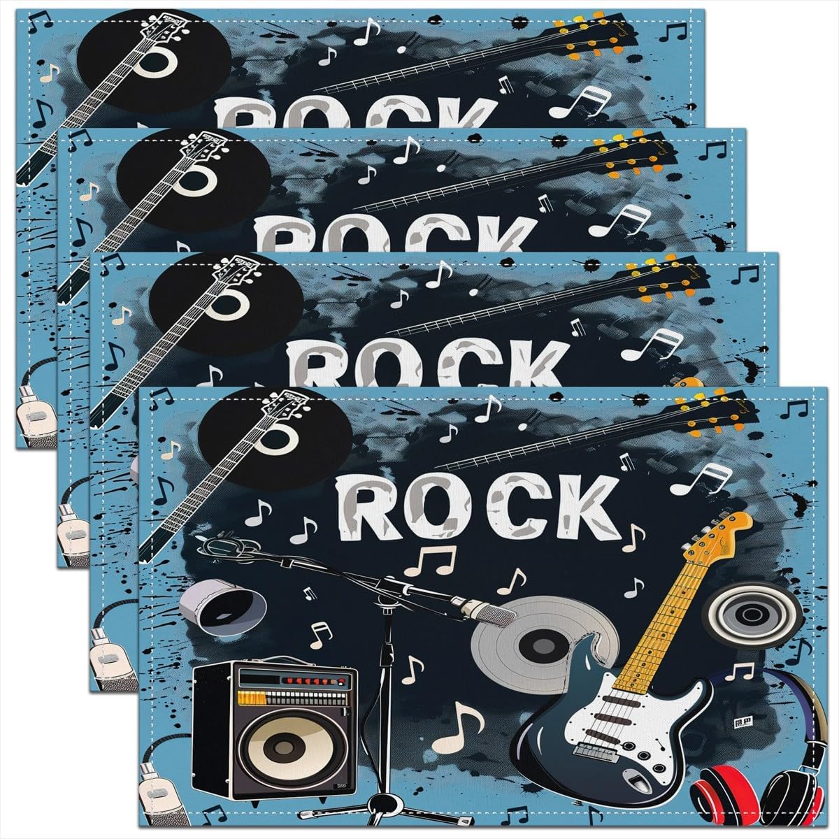 Kids Outdoor Dining Table - ロック音楽プレースマット 4枚セット 18インチ×12インチ ギター音楽プレースマット キッチン ダイニングテーブル装飾