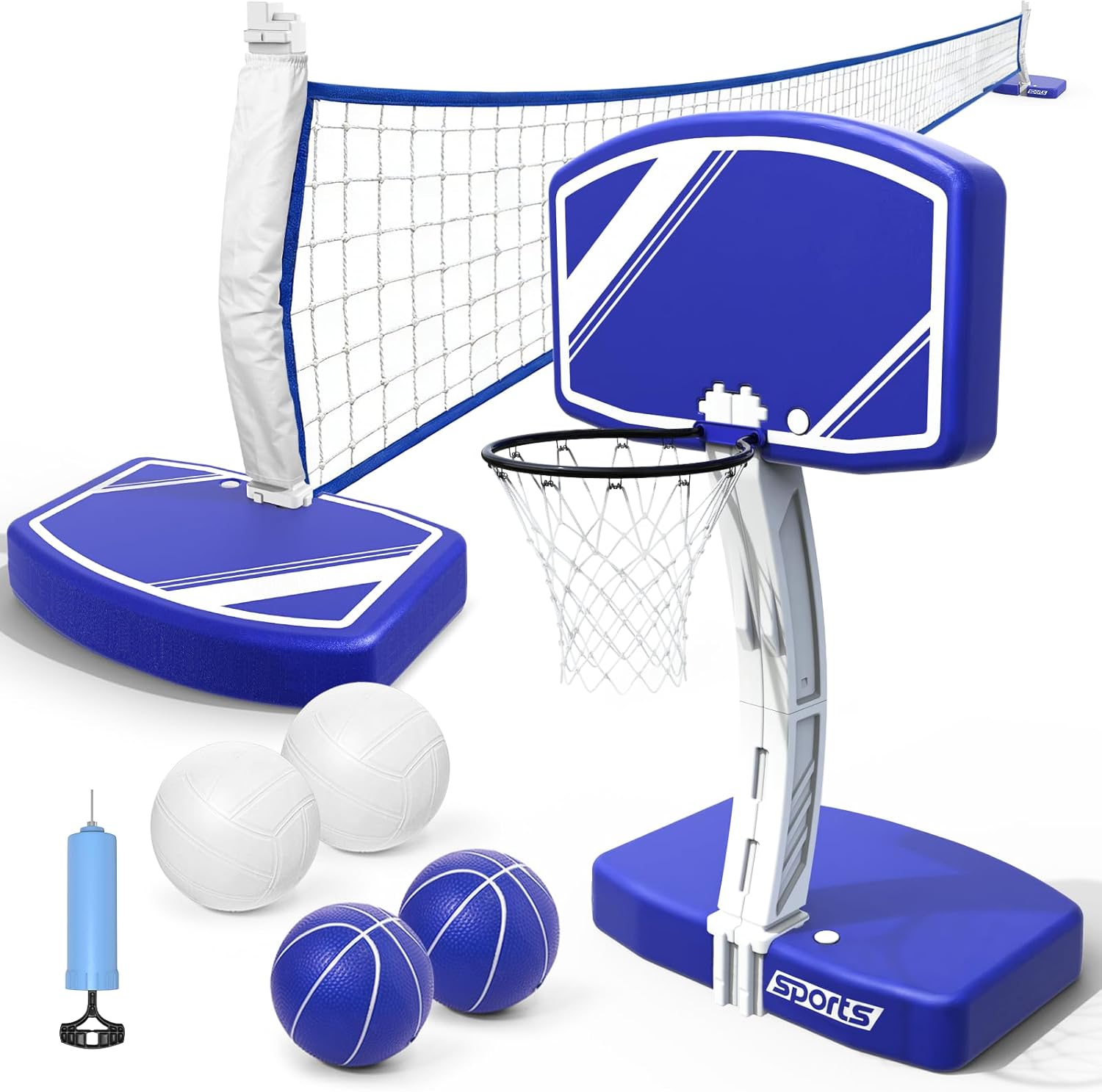 Kids Outdoor Volleyball Net - 2-in-1プールバスケットボールフープとバレーボールネットセット - 重み付きベースとスタンド付きプールトイバスケットボールゲーム、ウォーターバレーボール2個、バスケットボール2個、空気入れ付き - 子供と大人向けの夏の屋外ファミリーパーティープールゲーム