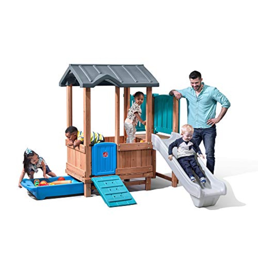 Kids Outdoor Swing - ウッドランドアドベンチャー プレイハウス＆スライド、子供用屋外遊具セット、裏庭遊具セット、ブランコ、収納引き出し、木製＆耐久性素材製