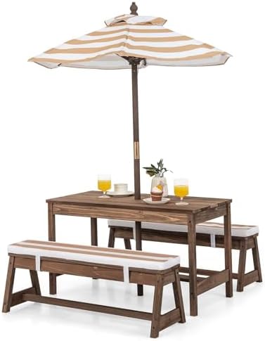 Kids Outdoor Bench Table - 子供用ピクニックテーブル、屋外木製テーブル＆ベンチセット（取り外し可能なクッションと傘付き）、ストライプ柄生地、子供用裏庭用
