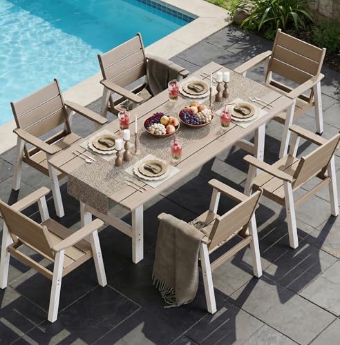 Kids Outdoor Dining Table - 屋外ダイニングセット、6人用7点パティオテーブル＆チェアセット、HDPE屋外ダイニングテーブル＆チェア（傘穴付き）