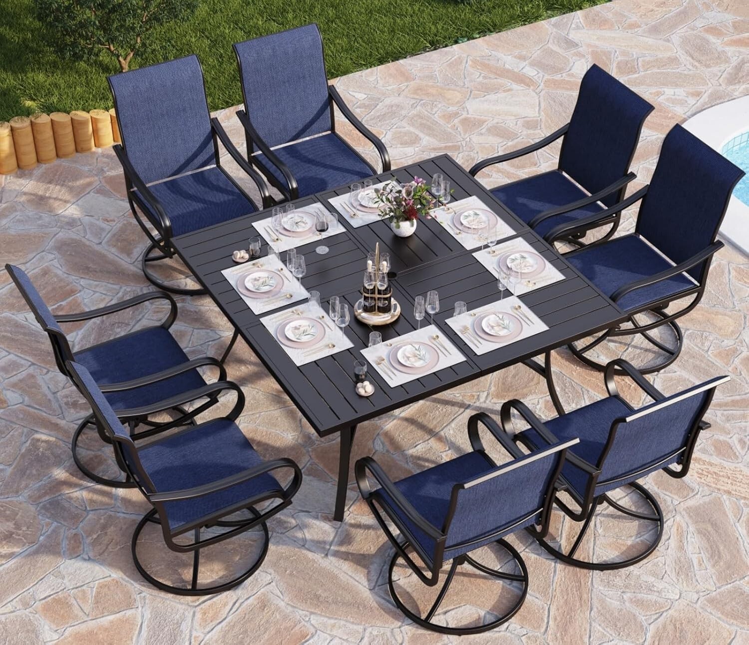 Kids Outdoor Dining Set - 9点セット屋外ダイニングセットパティオテーブルチェア家具セット（傘穴付き）