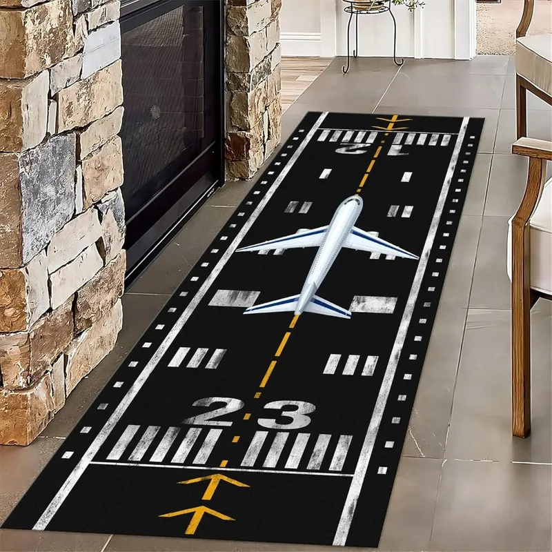 Kids Outdoor Mat Waterproof - VIKAMA 飛行機滑走路プリントランナーラグ、滑り止めブラックエアポートフロアマット、子供部屋、廊下、航空装飾用