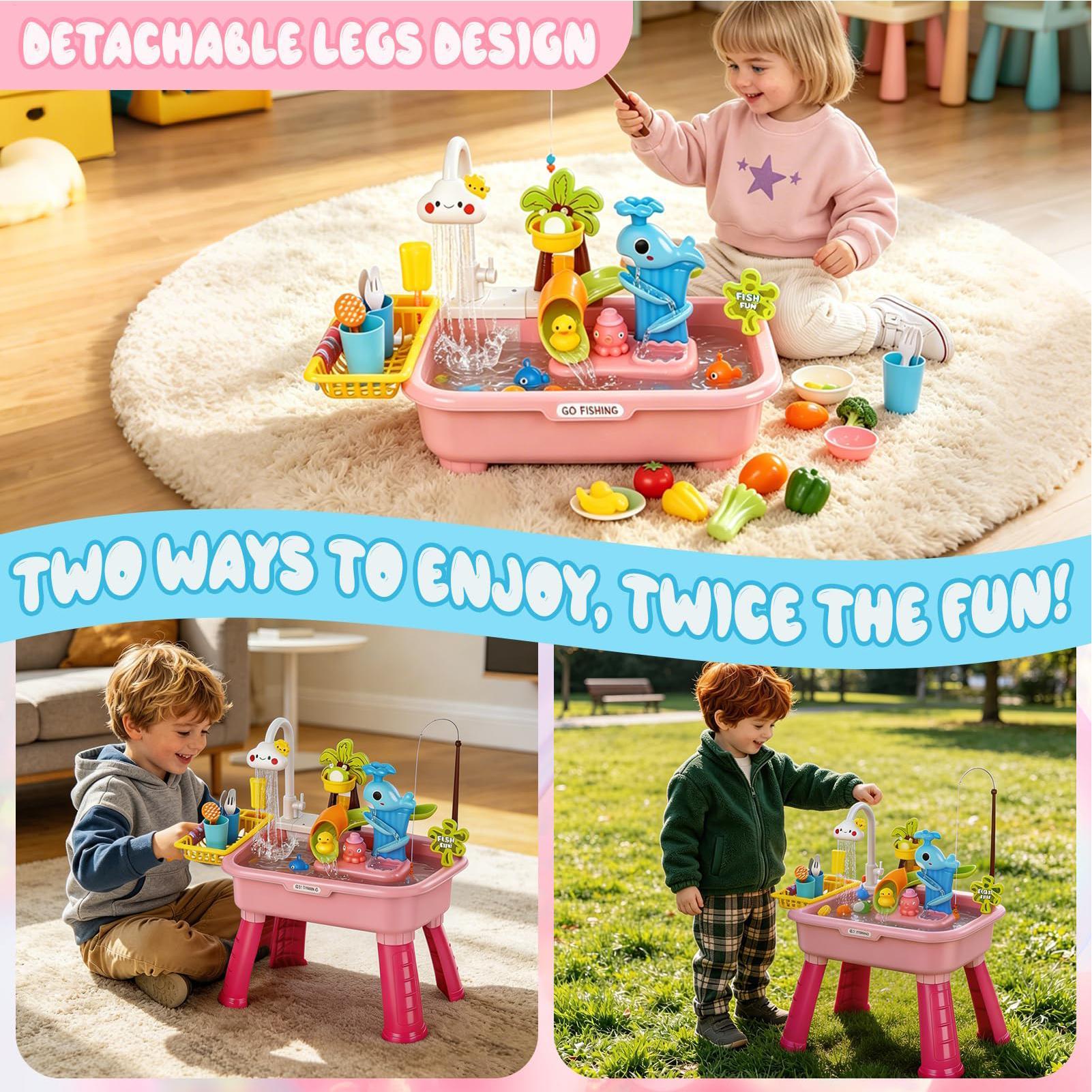 Kids Outdoor Sensory Table - アップグレードされた幼児用ウォーターテーブルキッチン遊び場シンクおもちゃ電動ポンプ流水感覚釣りゲーム夏の屋外おもちゃギフト