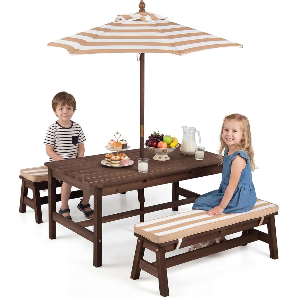 Kids Outdoor Bench Table - キッズピクニックテーブル、IRウッド幼児用屋外テーブル＆ベンチセット、取り外し可能な傘とクッション付き、ストライプ柄、子供用屋外家具