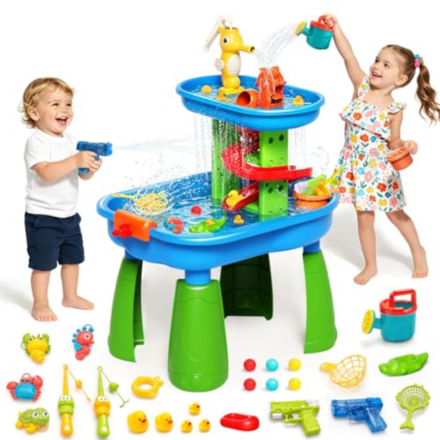 Kids Outdoor Sensory Table - 3歳から8歳向けの屋外ウォーターテーブル、STEM 28個入りレインシャワー砂水遊びセット、青いプラスチック製、6in1感覚遊び、テーブルトップ23x18インチ