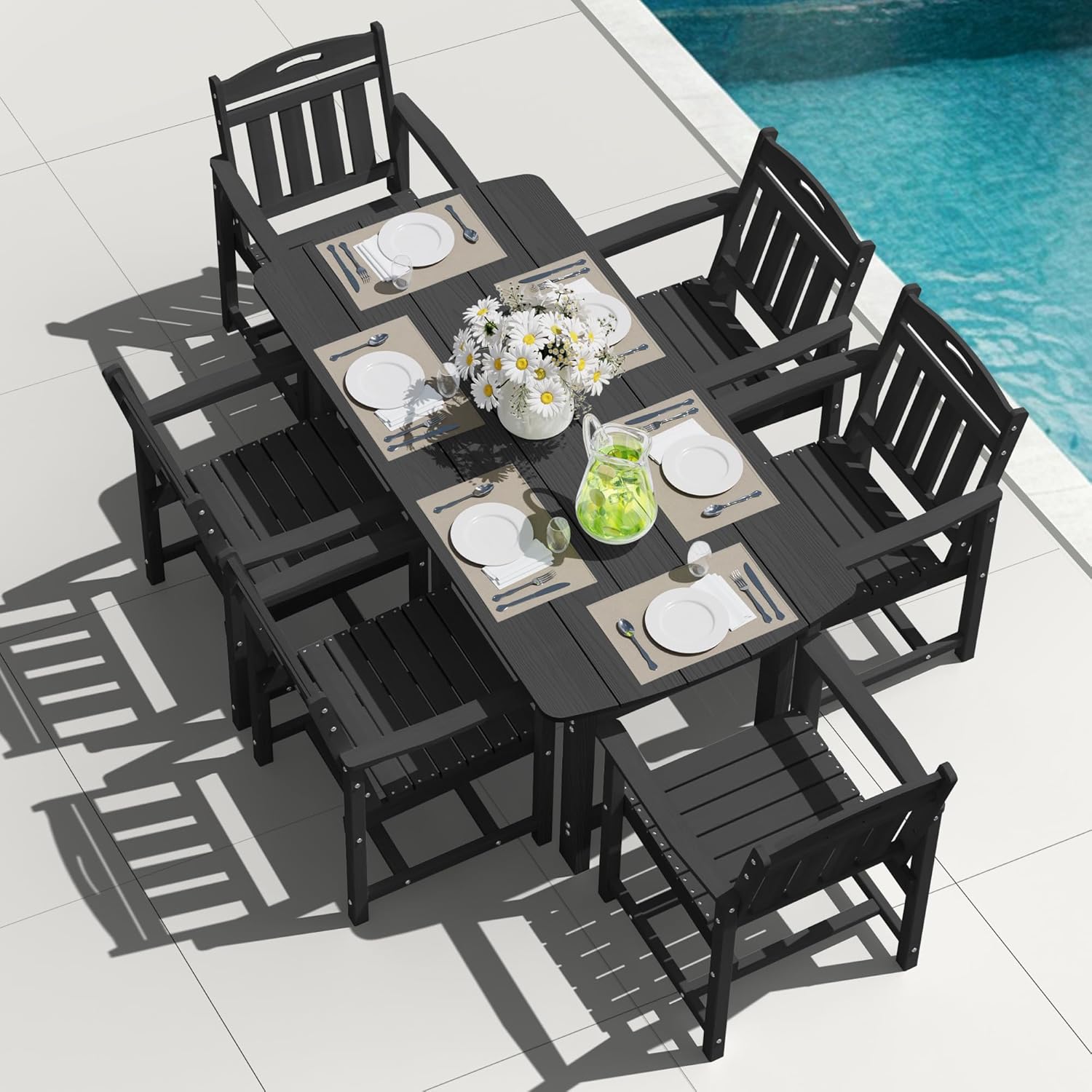 Kids Outdoor Dining Table - HDPE屋外ダイニングセット、パティオテーブルと椅子セット、全天候型7点セット（テーブル1台、椅子6脚）、2インチ傘、カスタマイズ可能