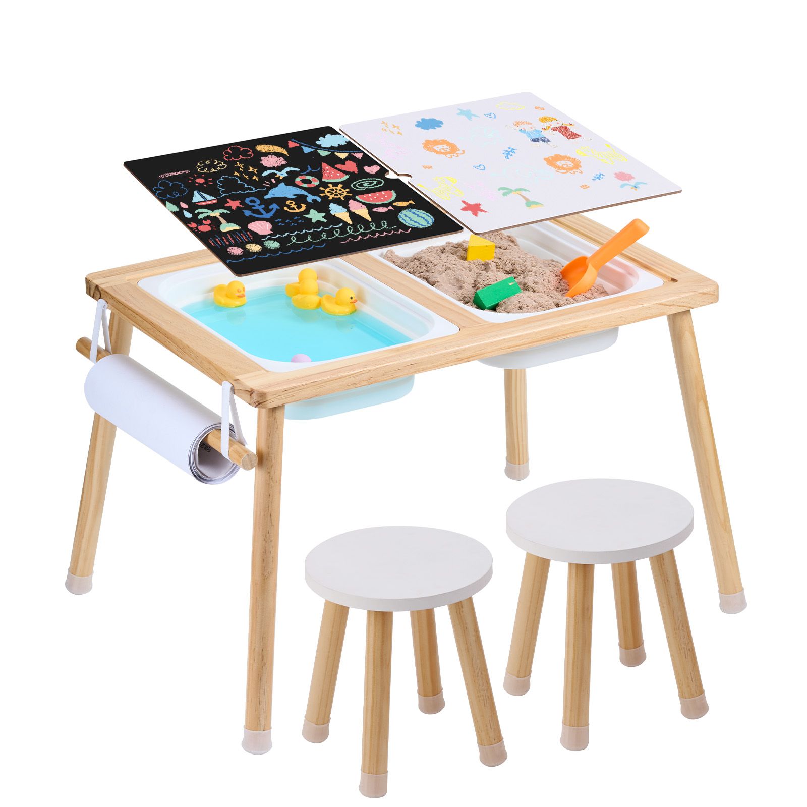 Kids Outdoor Sensory Table - 感覚テーブルと椅子セット、幼児用アクティビティテーブル（スツール2個付き）、収納ボックス2個＆ペーパーロールホルダー、屋内/屋外遊び用砂と水テーブル、木製キッズ感覚テーブル - 男の子と女の子へのプレゼント