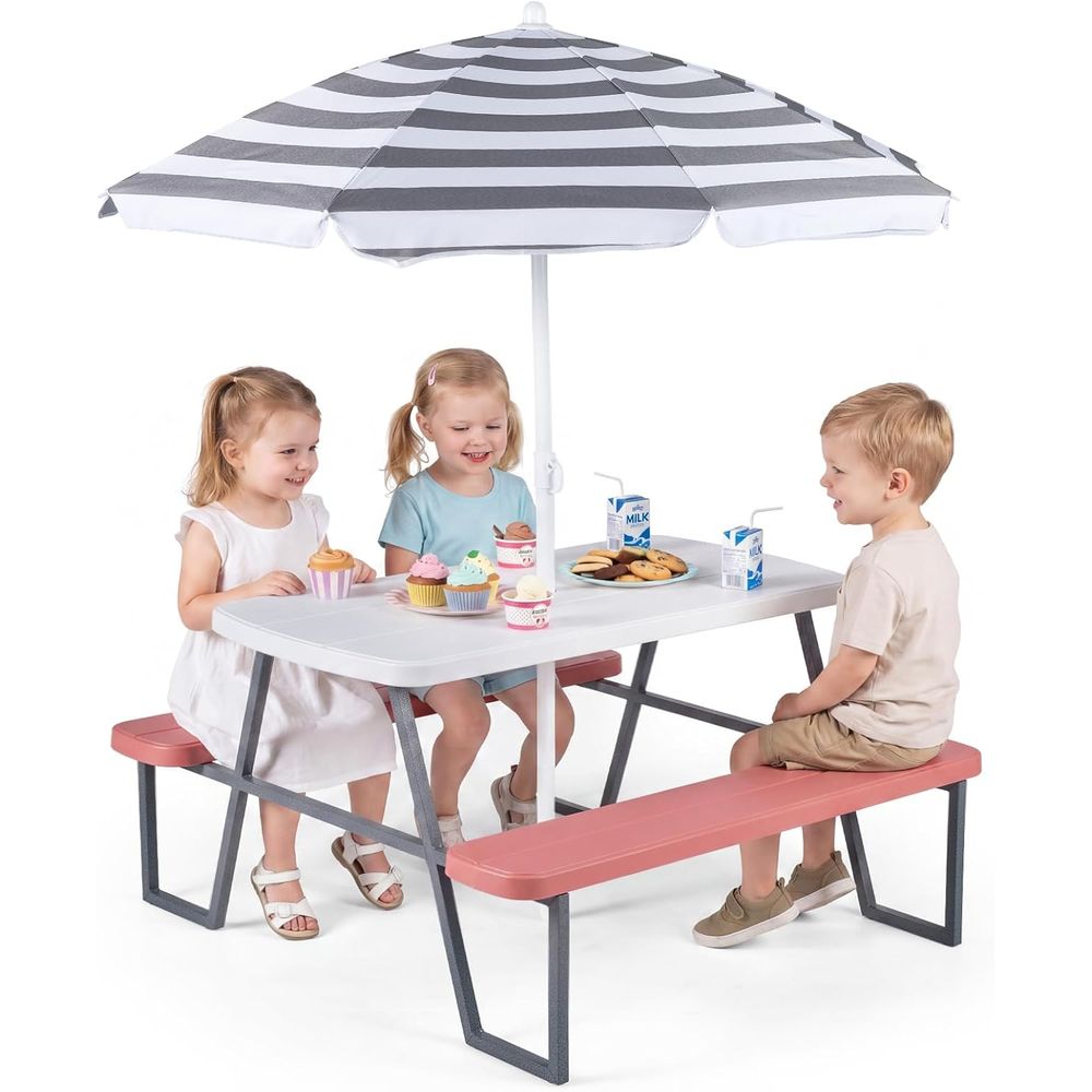 Kids Outdoor Bench Table - 子供用ピクニックテーブル、幼児用屋外テーブル＆ベンチセット（取り外し可能な傘付き）、HDPEテーブルトップ、金属製、子供用屋外家具またはP