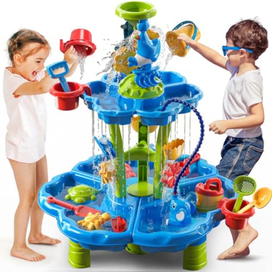Kids Outdoor Sensory Table - 3歳から8歳向けの屋外用感覚刺激ウォーターテーブル、プラスチック製、青色、ウォーターポンプ、滝、ビーチトイアクセサリー付き