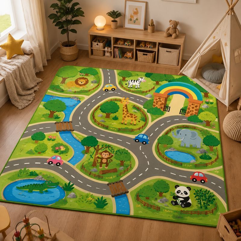 Kids Outdoor Zoo - VIKAMA キッズタウン動物園交通プレイラグ寝室リビングルームカーペット、ゲームロードキュートコアルーム装飾子供用フロアマット家の装飾