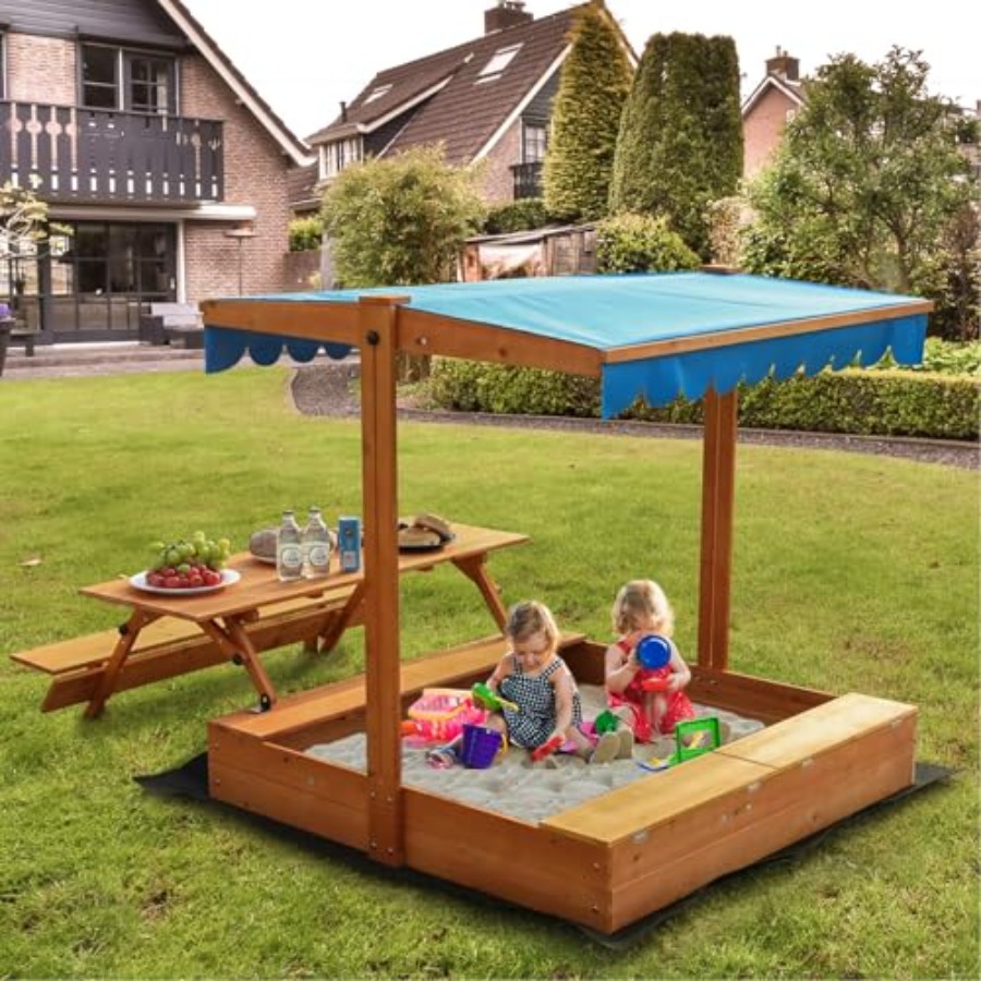 裏庭用木製キッズサンドボックス、ピクニックテーブルと収納ボッ - Kids Outdoor Bench Table のレビューと価格