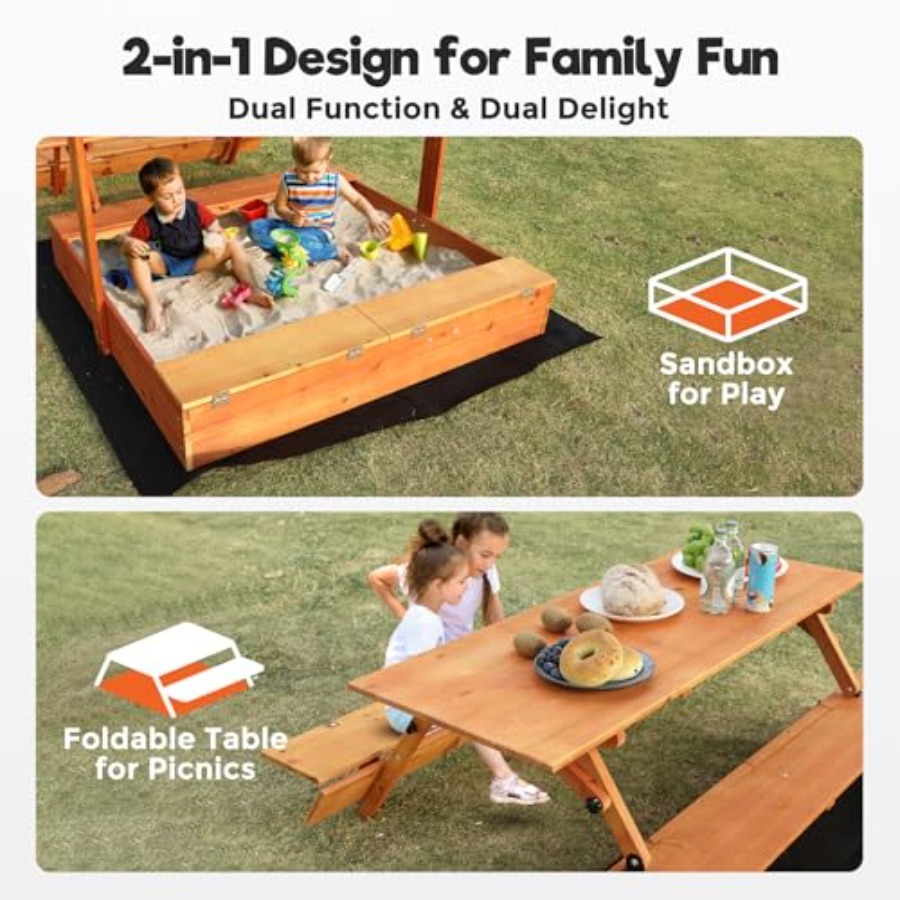 裏庭用木製キッズサンドボックス、ピクニックテーブルと収納ボッ - Kids Outdoor Bench Table のレビューと価格