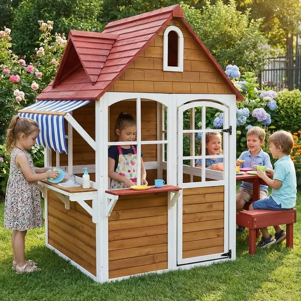 大型木製屋外キッズプレイハウス（シンク＆テーブルセット付き） - Kids Outdoor Bench Table のレビューと価格
