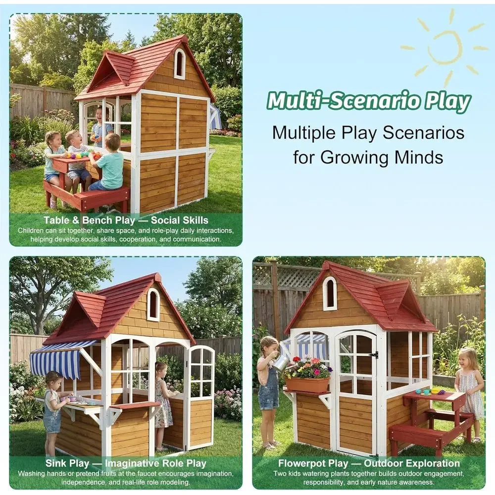 大型木製屋外キッズプレイハウス（シンク＆テーブルセット付き） - Kids Outdoor Bench Table のレビューと価格
