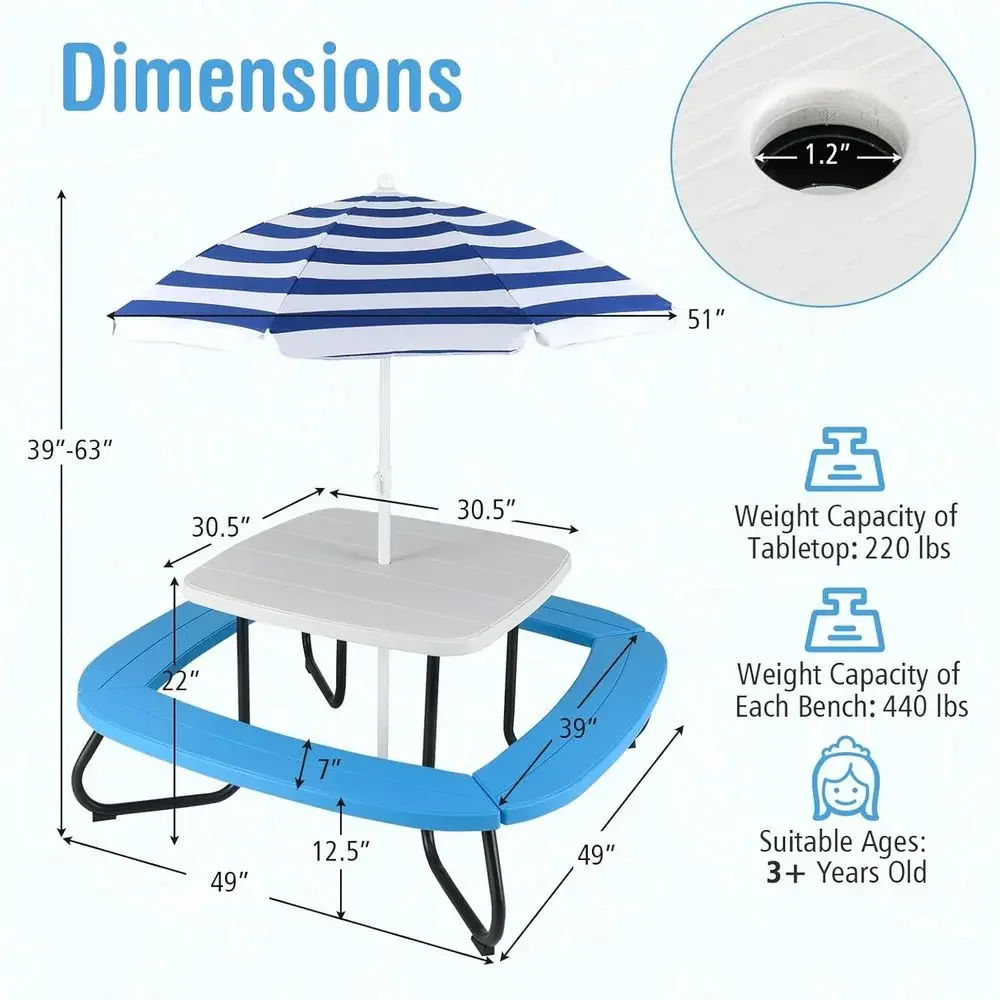 8人用子供用ピクニックテーブル、傘付き、幼児用アクティビティ - Kids Outdoor Bench Table のレビューと価格