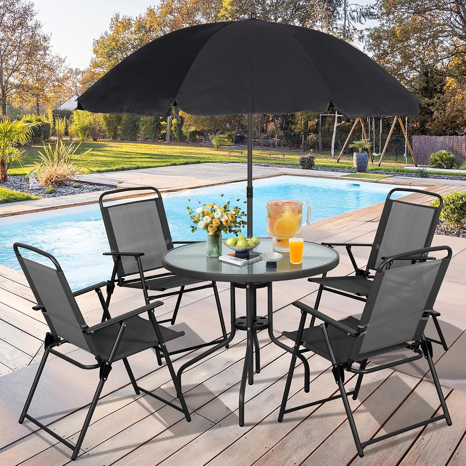 メタルパティオダイニングセット、屋外折りたたみ椅子と強化ガラ - Kids Outdoor Dining Table のレビューと価格