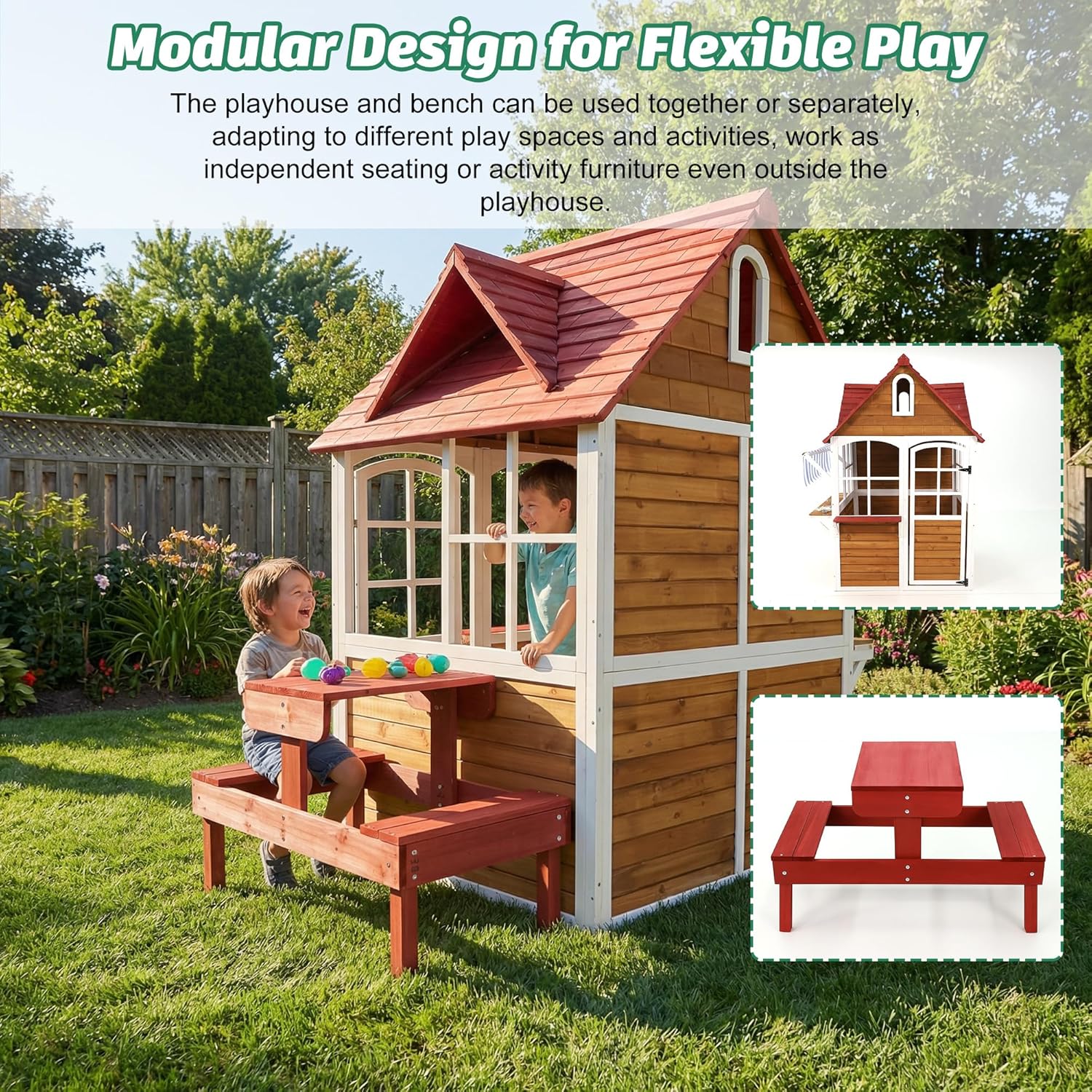 # 屋外木製キッズプレイハウス（シンク、テーブル、キャノピー - Kids Outdoor Bench Table のレビューと価格